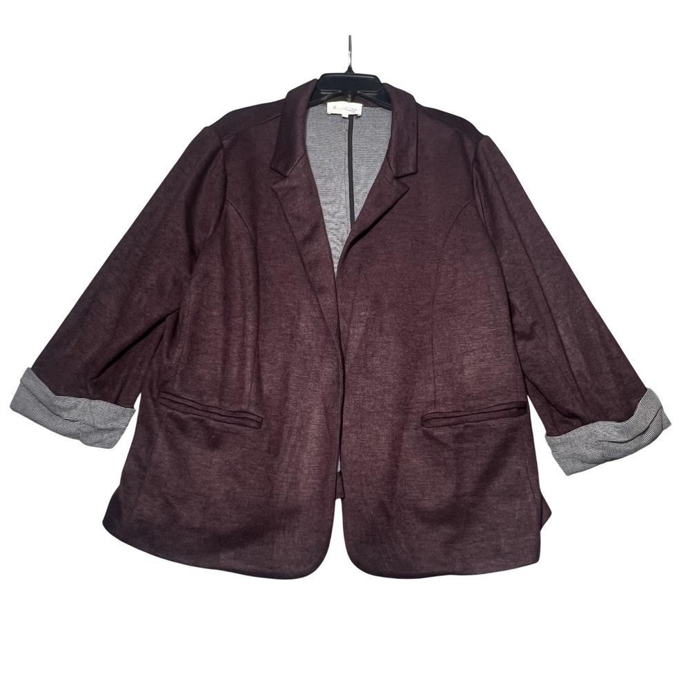 Skies Are Blue Women's 2X Open Front Blazer Jacket Burgundy Striped Cuffs Plus